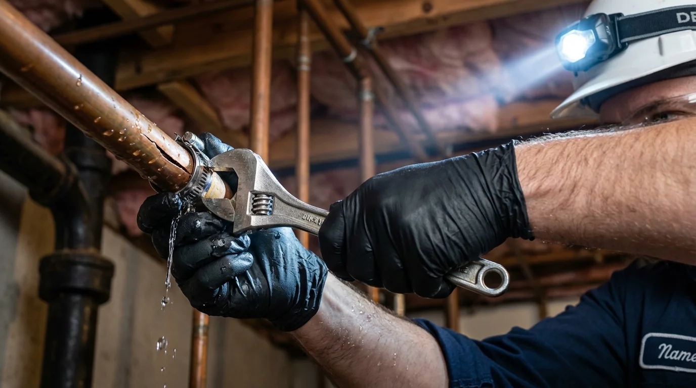 Emergency pipe clamp repair being performed by a Johns Plumbing LLC plumber in Bethel Park