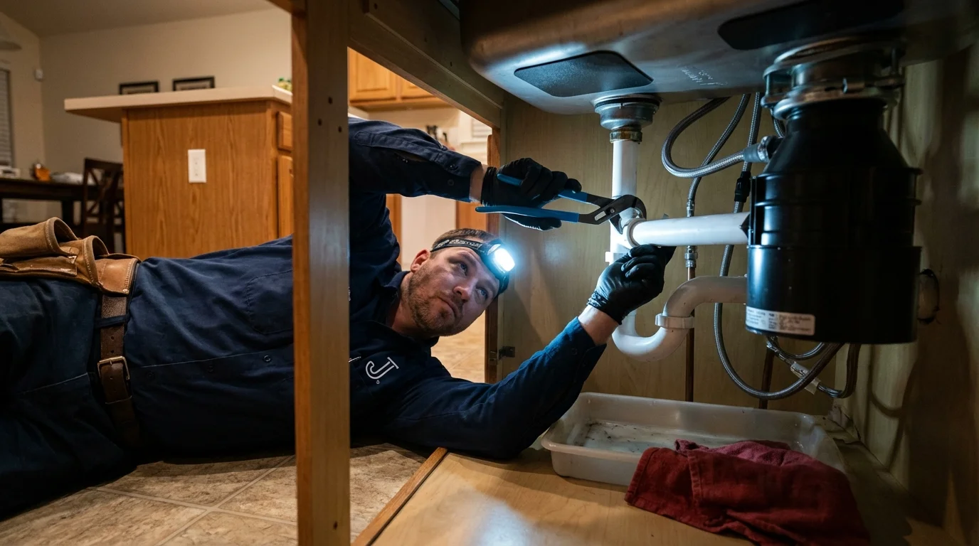 P-trap and supply line connections under a kitchen sink showing a common leak point in Bethel Park, PA